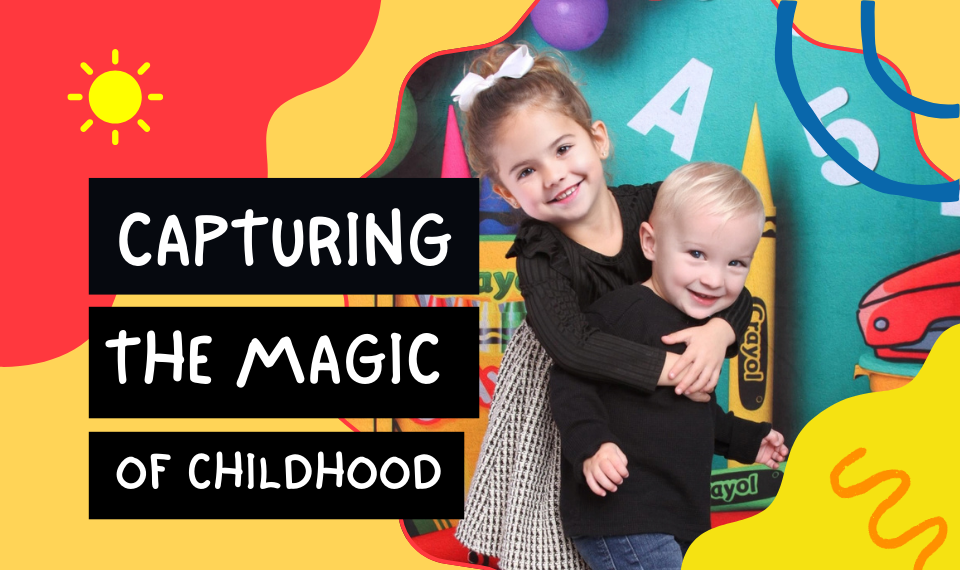 Two small children getting their portrait taken at daycare while standing in front of a school themed portrait backdrop.